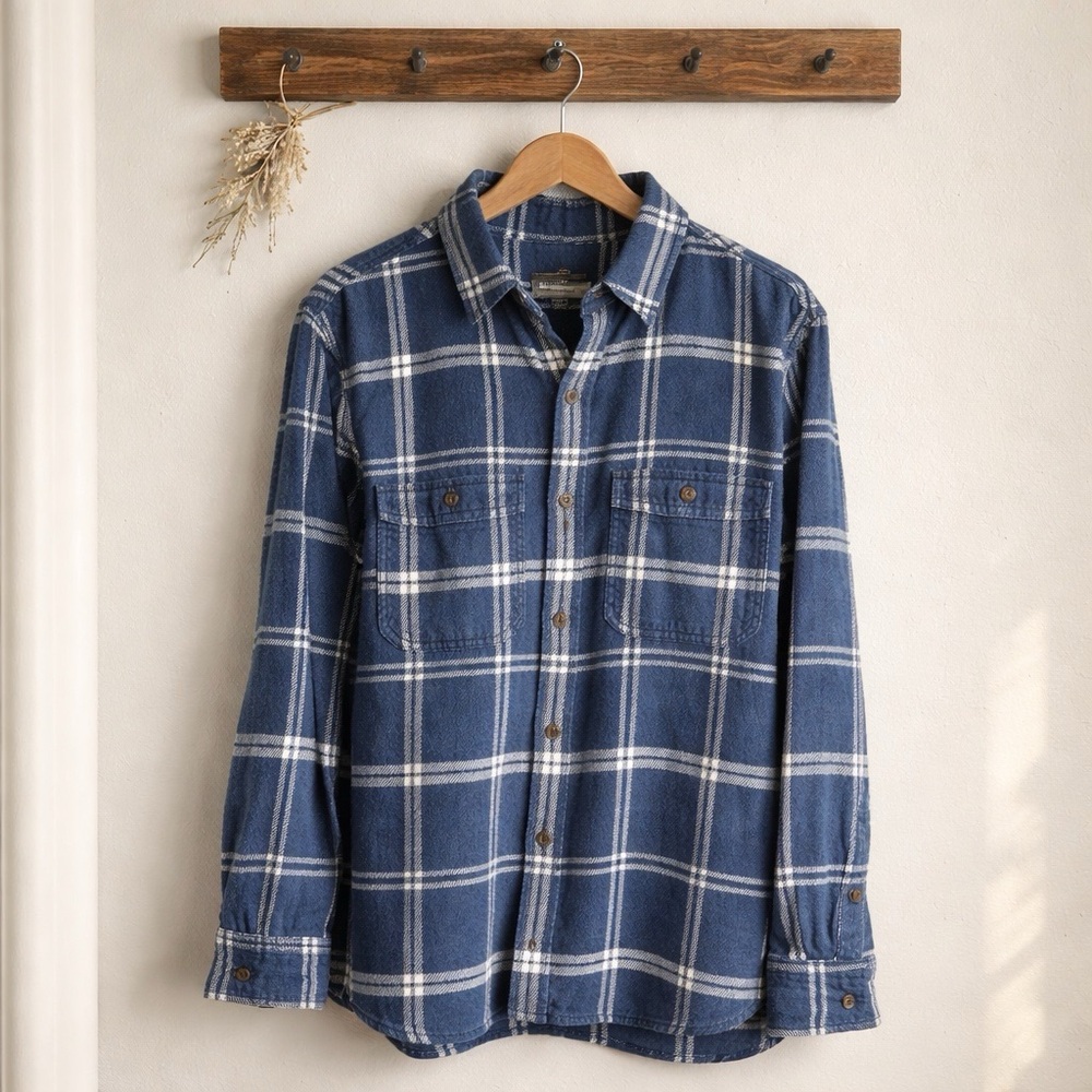 Signature Navy and White Plaid Button-Down Shirt - Men’s Med.